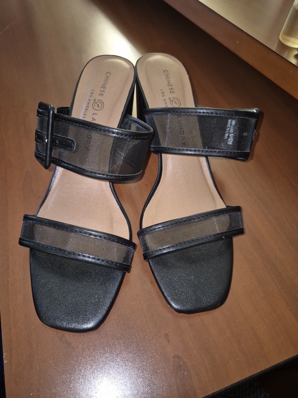 Chinese Laundry Black Mesh Strap Mid-Heel Mules